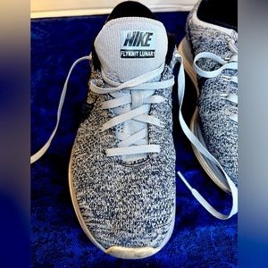 Nike FlyKnit Lunar 1 Blue/Navy/White/Grey with white soles. Lightly Worn -Size 8